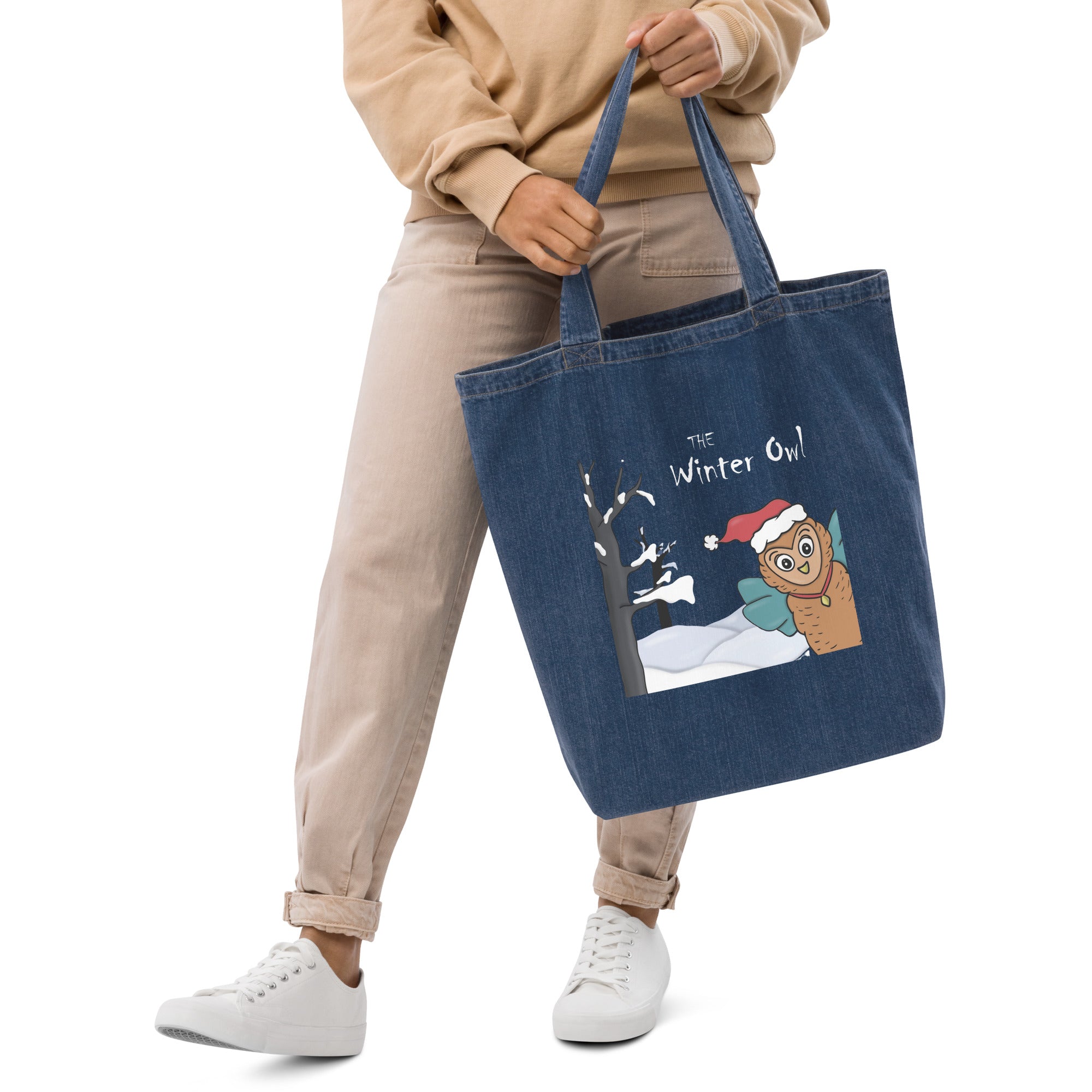 The Winter Owl Organic Denim Tote Bag