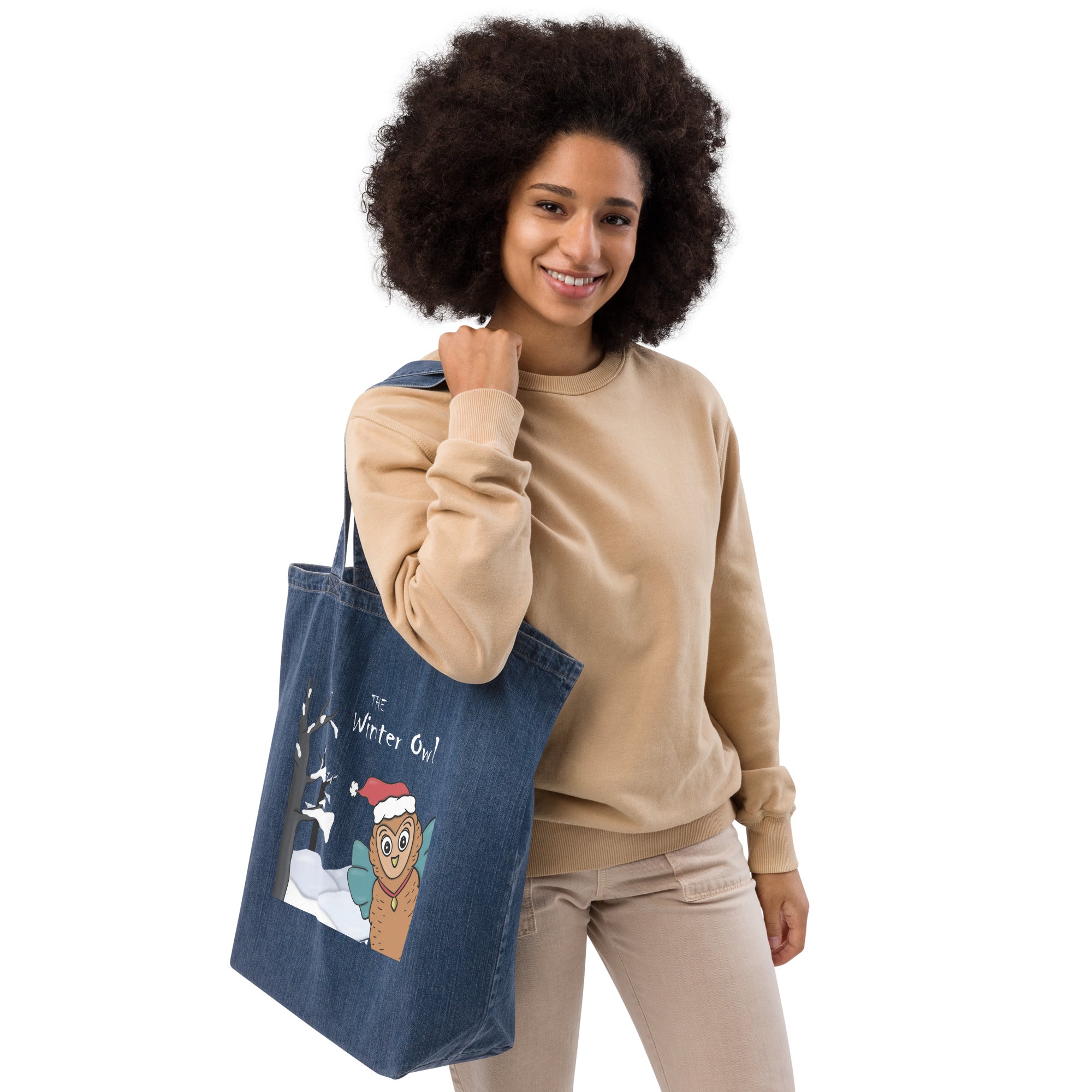 The Winter Owl Organic Denim Tote Bag